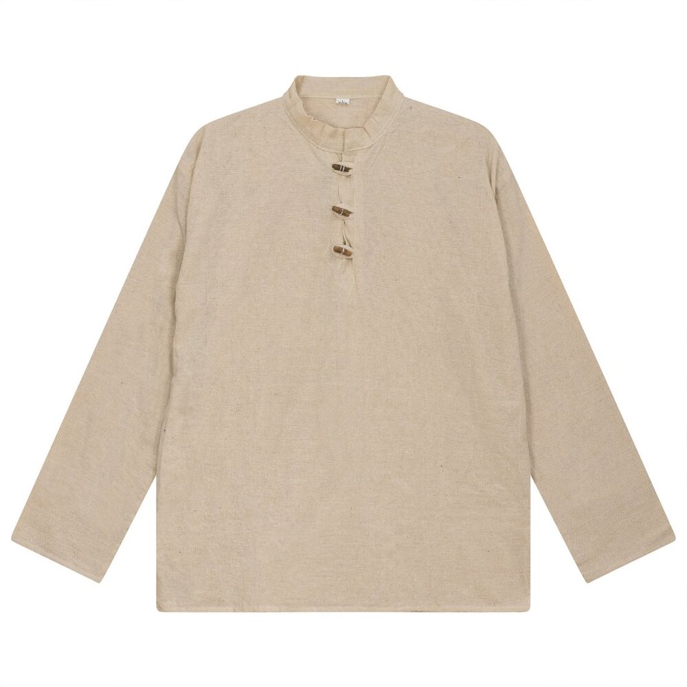 Men casual beige Shirt Collarless Plain Cotton LongSleeve button Top cotton boho